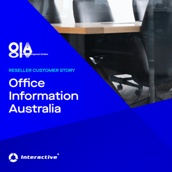 A promotional graphic for Office Information Australia, highlighting a reseller customer story. The background features an office setting with chairs and a table.