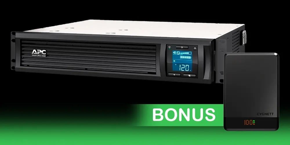 APC Smart-UPS SMX3000RMHV2U rack-mounted unit with digital display, shown alongside a bonus Cygnett power bank.