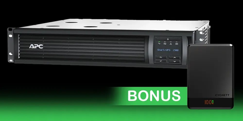 APC Smart-UPS SMT1500RMI2UC rack-mounted unit with digital display, shown alongside a bonus Cygnett power bank.