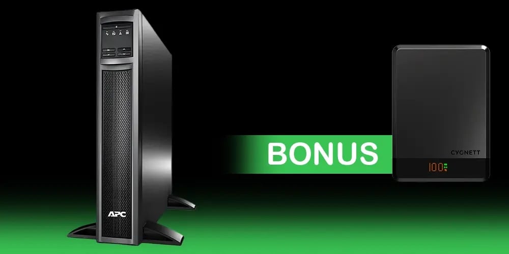 APC Smart-UPS SMX1500RMI2U rack-mounted unit with digital display, shown alongside a bonus Cygnett power bank.