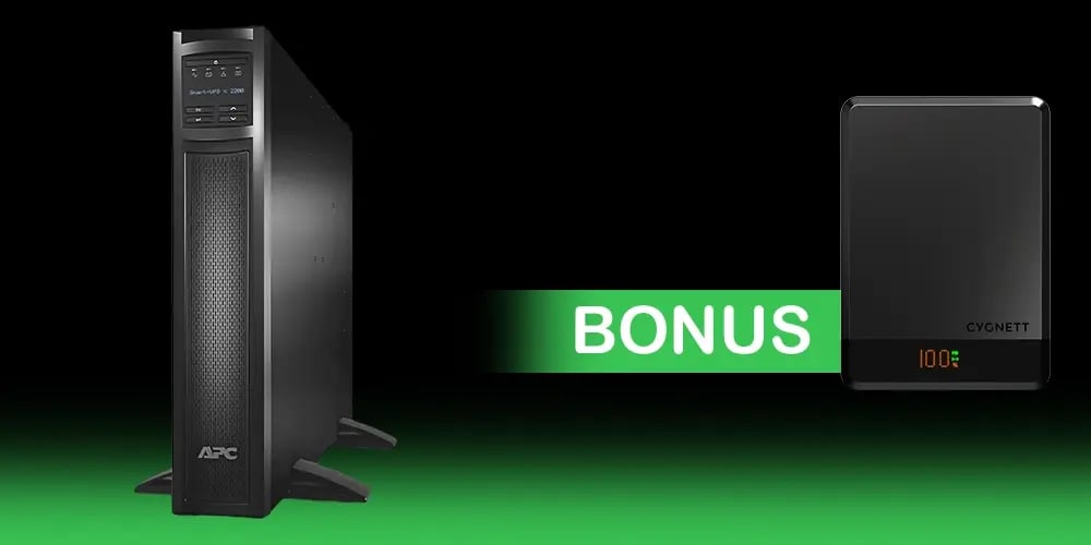 APC Smart-UPS SMX3000RMHV2U rack-mounted unit with digital display, shown alongside a bonus Cygnett power bank.