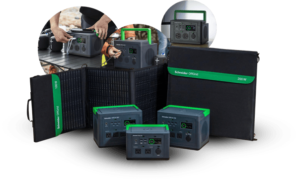 Portable power stations with foldable solar panels displayed together, showing multiple units and charging setups.