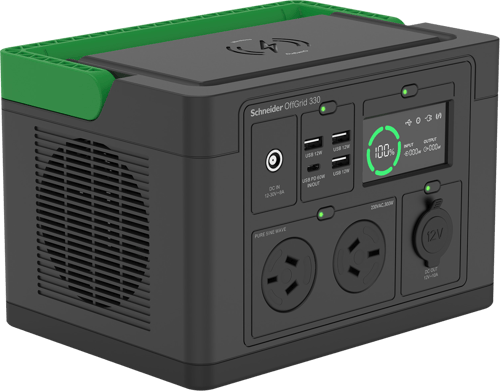 Schneider Off-Grid 330 portable power station with AC outlets, USB ports, and a digital display.