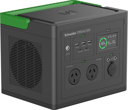Schneider Off-Grid 500 portable power station with AC outlets, USB ports, and a digital display.