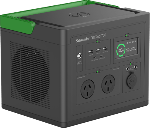 Schneider Off-Grid 730 portable power station with AC outlets, USB ports, and a digital display.