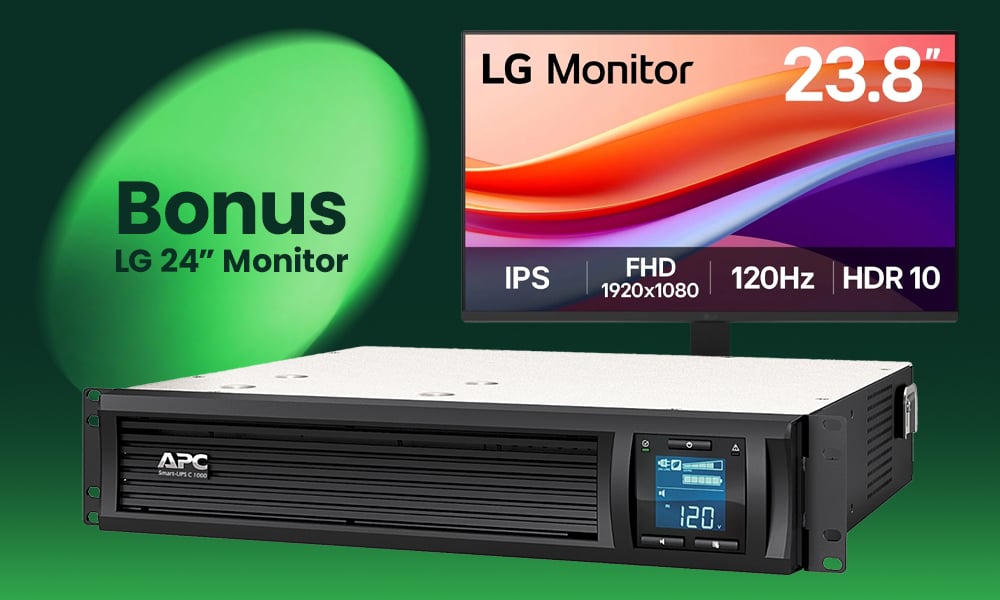 APC rackmount UPS with bonus LG 23.8‑inch monitor.