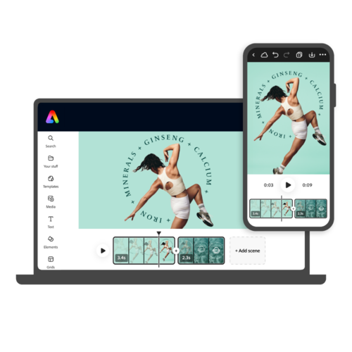 Laptop and phone showing a wellness video design with a yoga pose, vitamins branding, and a timeline editor interface.