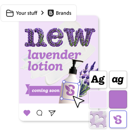 Lavender lotion product post showing “New lavender lotion, coming soon,” with brand colors, fonts, and editable design elements.
