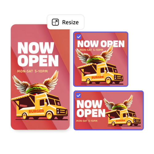 Food truck promo design showing a winged burger truck with “Now Open” text in multiple resized layout variations.