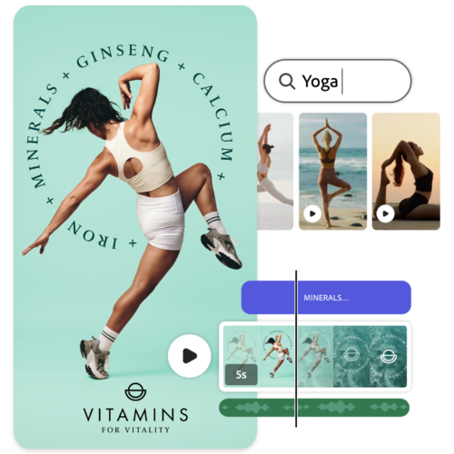 Fitness and wellness ad showing a yoga pose, vitamins branding, and a video editing interface with search and timeline controls.
