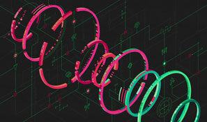 Neon pink and green spiral rings floating over a dark background with faint digital interface lines and symbols.