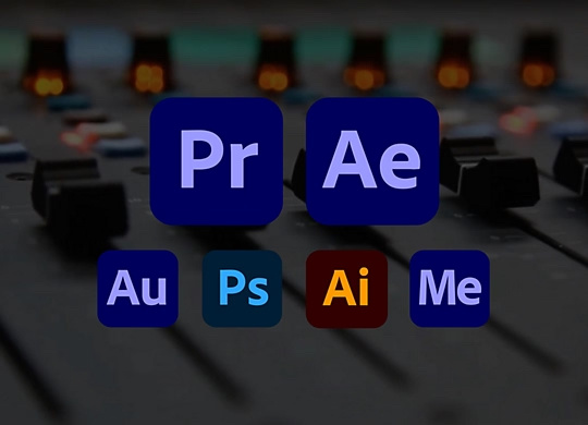 Adobe Creative Cloud app icons, including Premiere Pro, After Effects, Photoshop, and Illustrator, over an audio mixing console.
