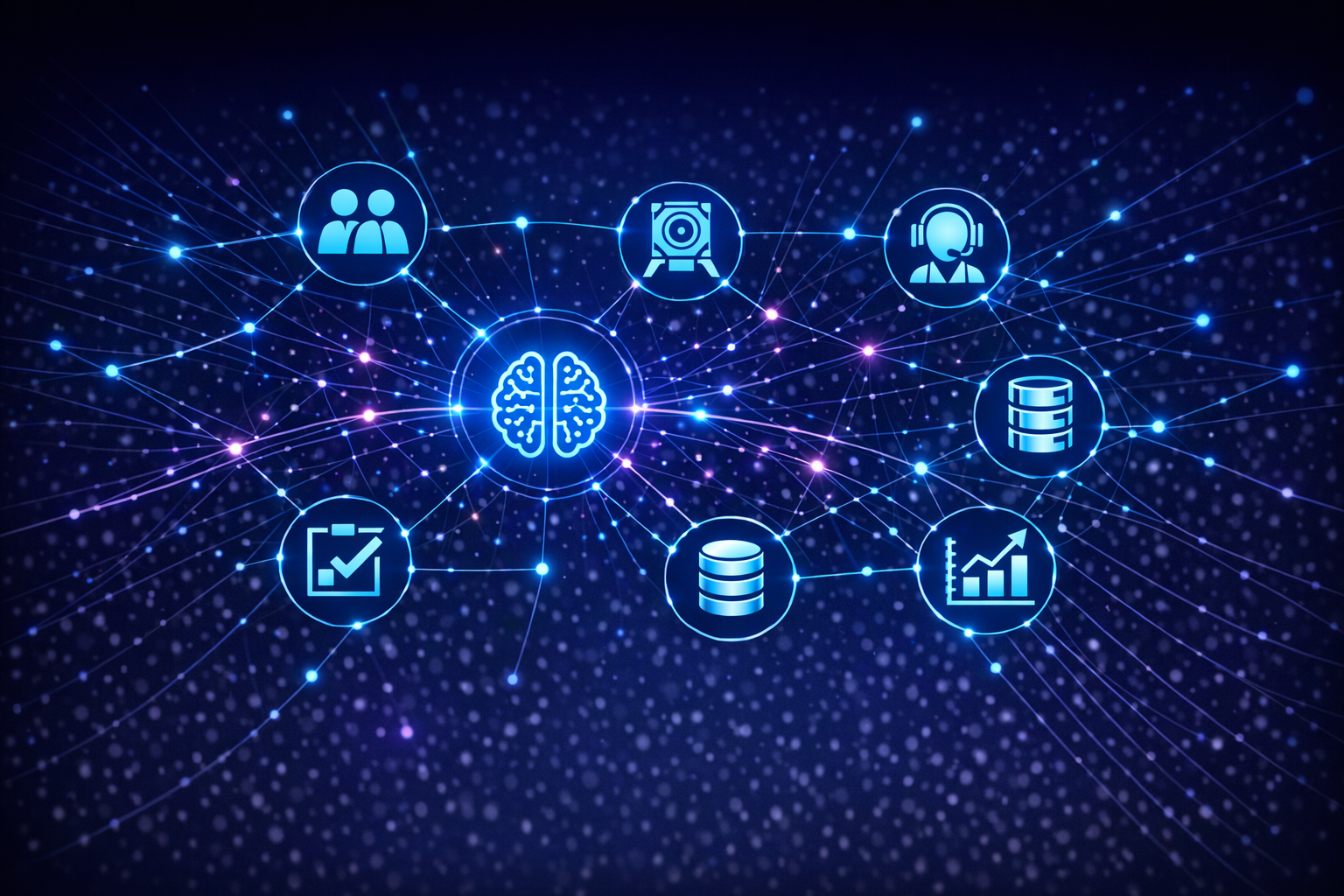 AI network graphic with connected icons around a central brain symbol.