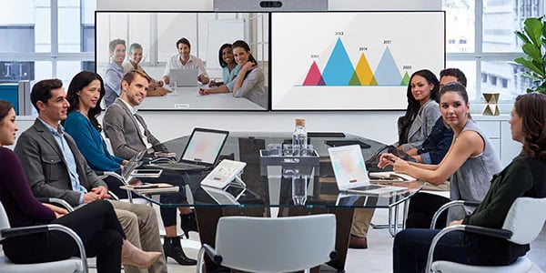 Team meeting around table with video conference and charts on screen.