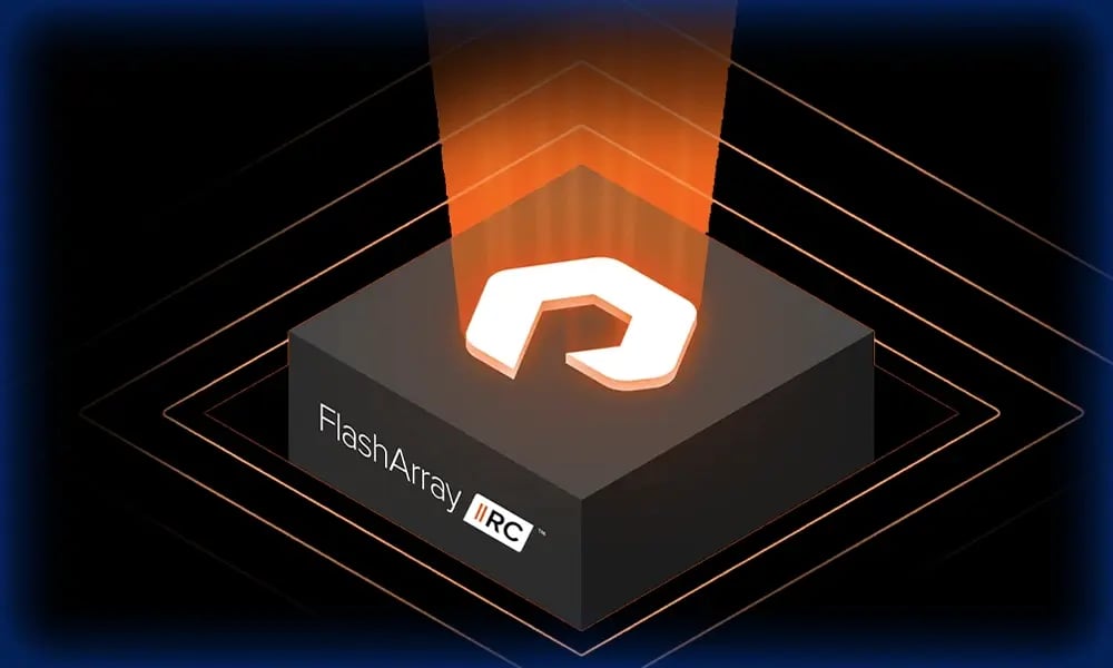 FlashArray storage platform with glowing data icon.