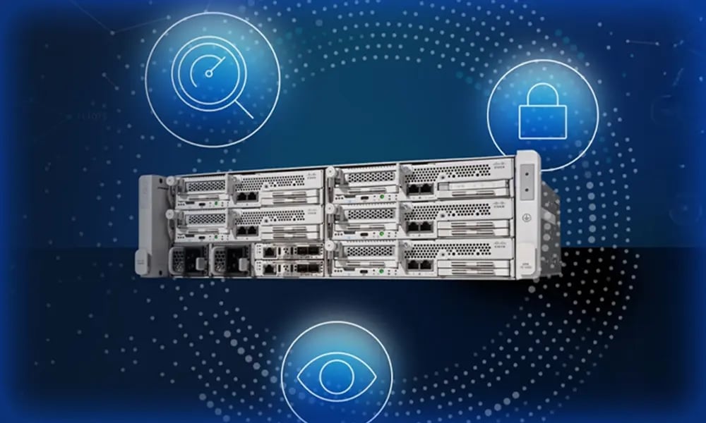 Enterprise server rack with security and performance icons.