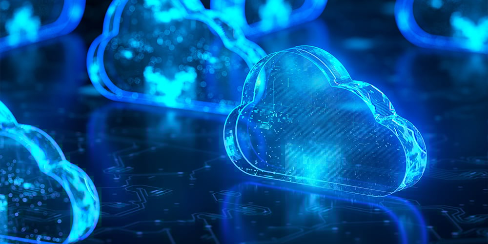 Glowing blue cloud icons representing cloud computing and data storage.