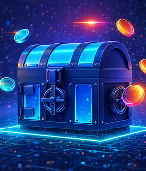 Glowing futuristic treasure chest with floating coins in a neon sci-fi setting.