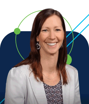 Janet Bradburn headshot on a moving geometric background