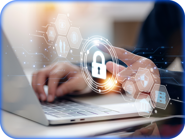 A hand reaching toward a digital padlock icon overlayed on a laptop screen, symbolizing cybersecurity.