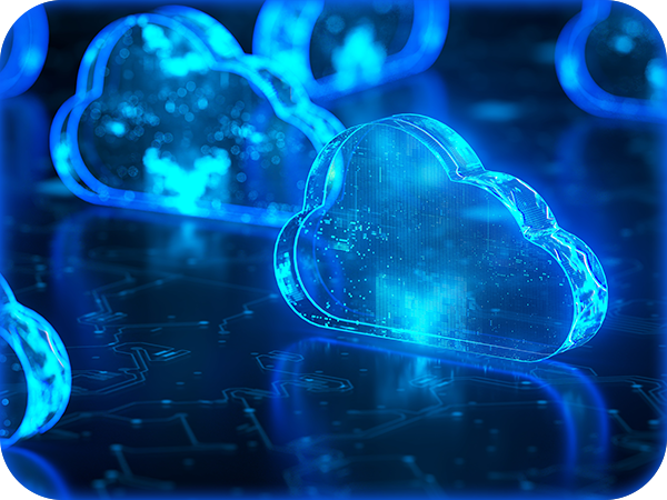 Glowing blue cloud icons representing digital cloud technology.