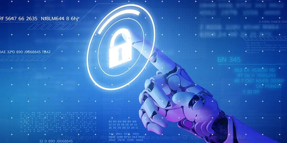 Robotic hand touching a glowing digital padlock icon on a blue background with abstract data and code elements, symbolizing cybersecurity and AI technology.