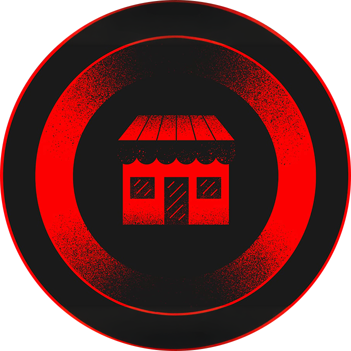 Storefront icon within a red and black circular graphic.