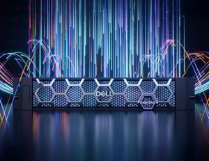 Dell powerstore unit with glowing data lines flowing into it