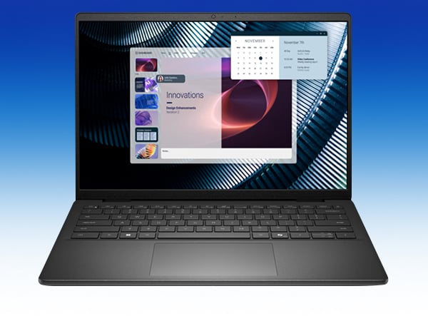 A product photo of Dell Pro 14 E, on a blue gradient background.