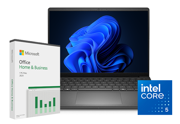 Laptop showing Windows 11 next to Microsoft Office Home & Business 2024 box and Intel Core 5 badge.