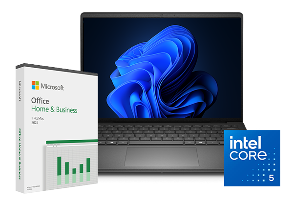 Laptop showing Windows 11 next to Microsoft Office Home & Business 2024 box and Intel Core 5 badge.