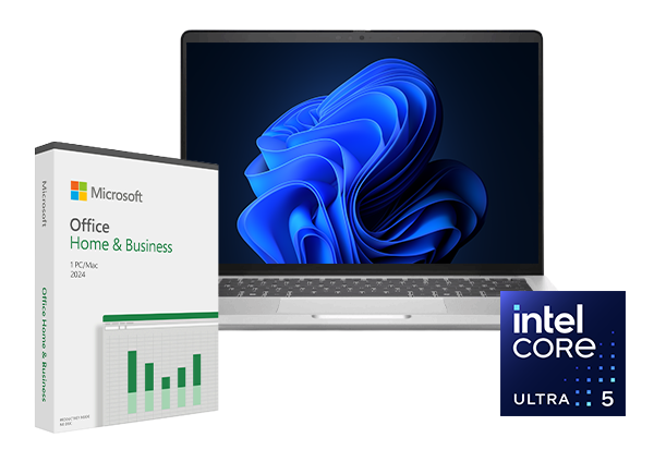 Laptop showing Windows 11 next to Microsoft Office Home & Business 2024 box and Intel Core Ultra 7 badge.