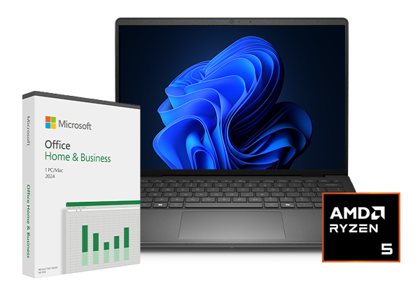 Laptop showing Windows 11 next to Microsoft Office Home & Business 2024 box and Intel Core Ultra 7 badge.
