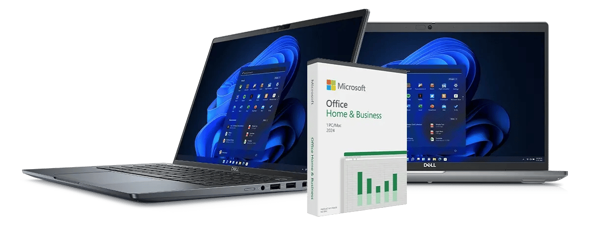 Two Dell laptops showing Windows 11 screens beside a Microsoft Office Home & Business 2024 box.