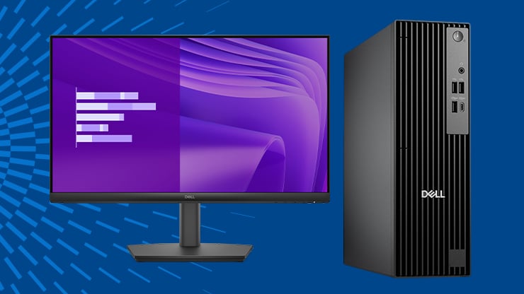Dell desktop monitor with purple screen next to a Dell tower PC.