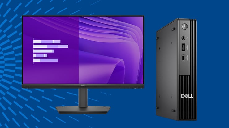 Dell monitor beside a compact Dell desktop computer.