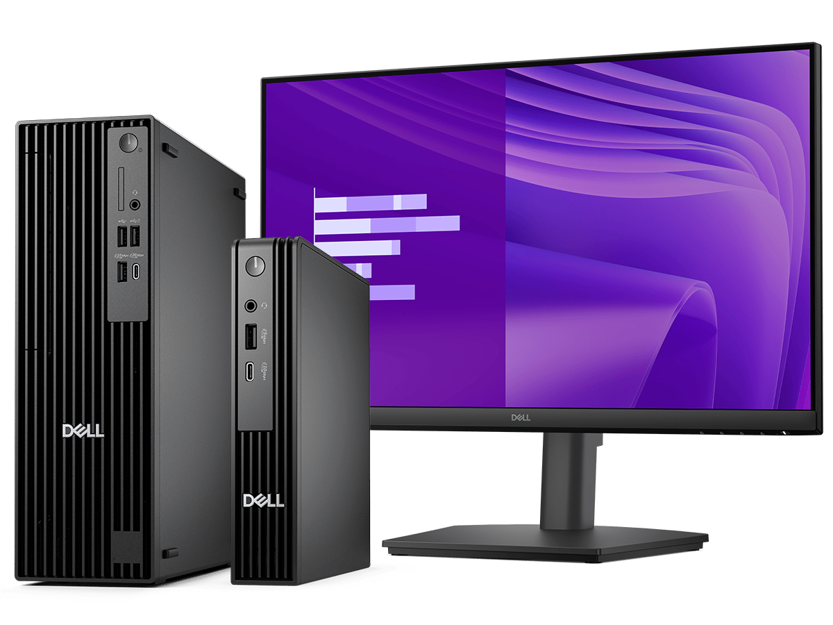 Dell monitor beside compact Dell desktop computers.