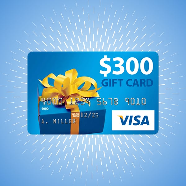 $300 Visa gift card with yellow ribbon.