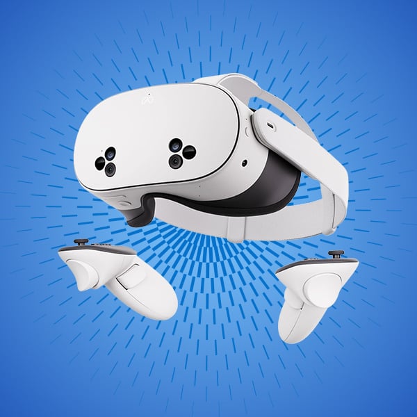 Meta Quest VR headset with two wireless controllers.