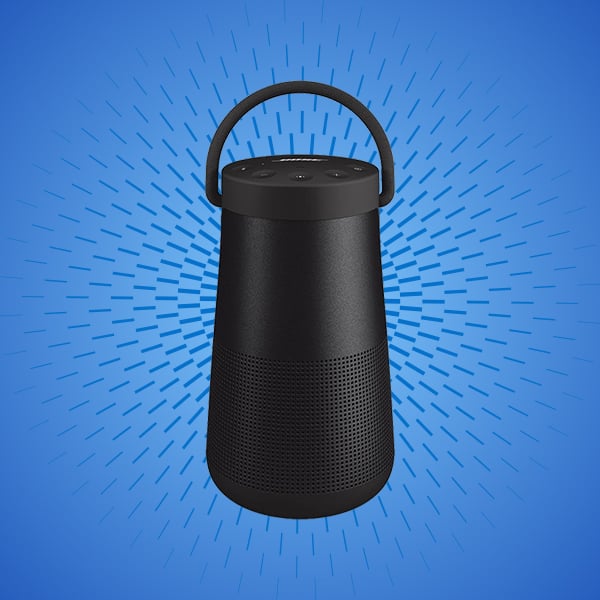 Black portable Bluetooth speaker with carry handle.