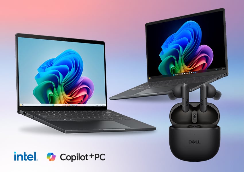 Two Dell laptops beside wireless earbuds in a charging case, with Intel and Copilot+ PC logos
