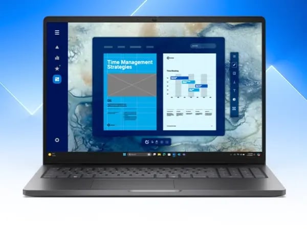 Dell laptop showing a split-screen interface with time management and planning tools.