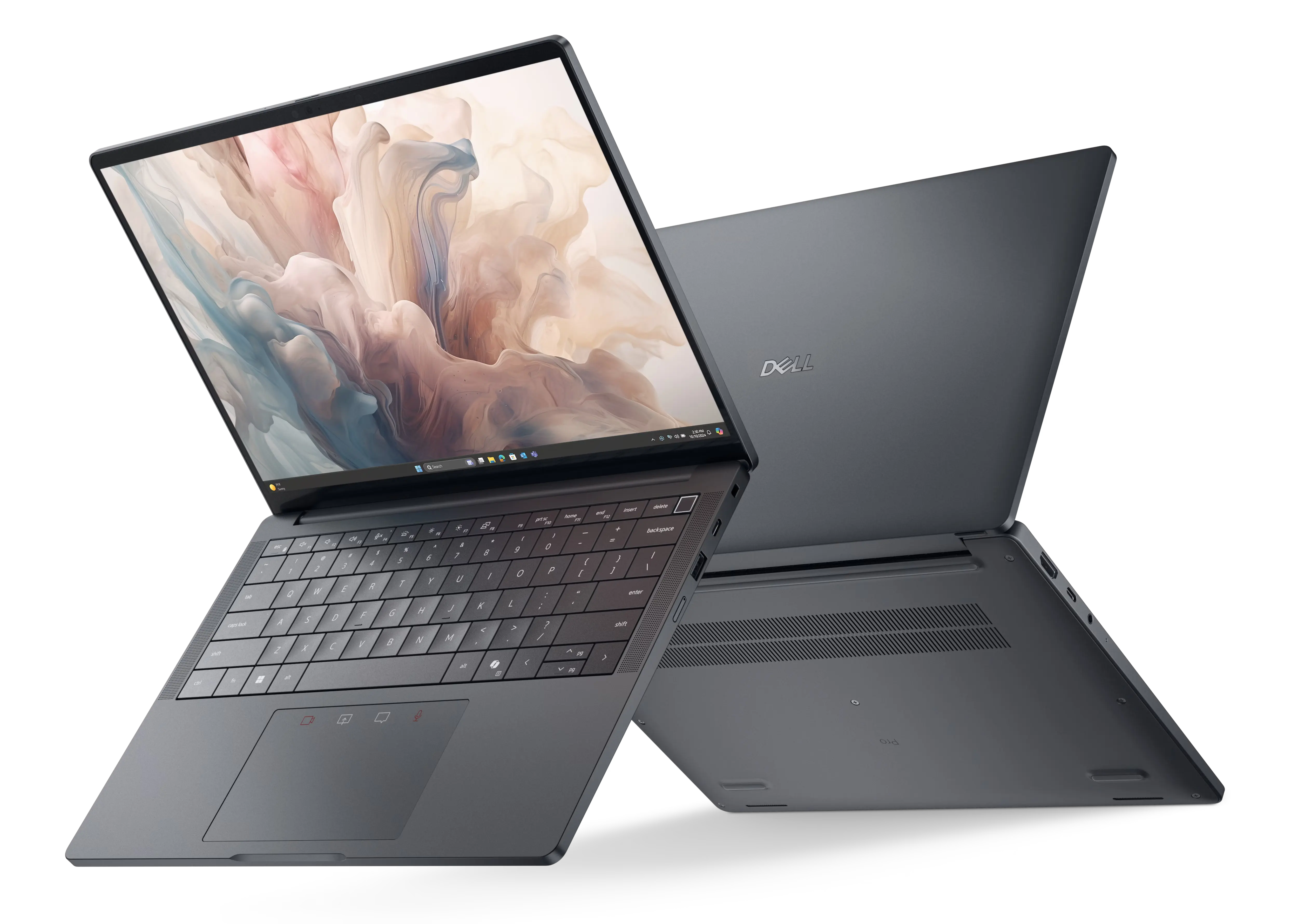 Two Dell laptops shown open and closed, displaying a slim dark‑gray design and keyboard.