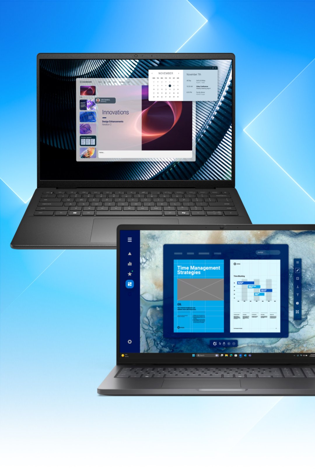 Two Dell laptops displayed, showcasing Windows multitasking and productivity apps.