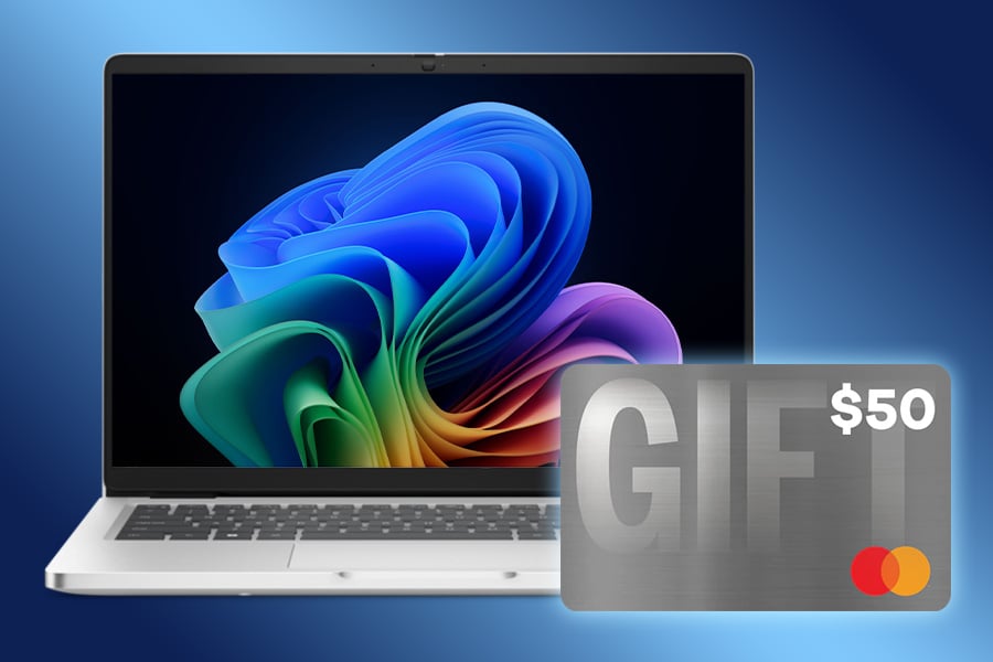 Dell laptop on a gradient blue background, with a $50 MasterCard gift card.