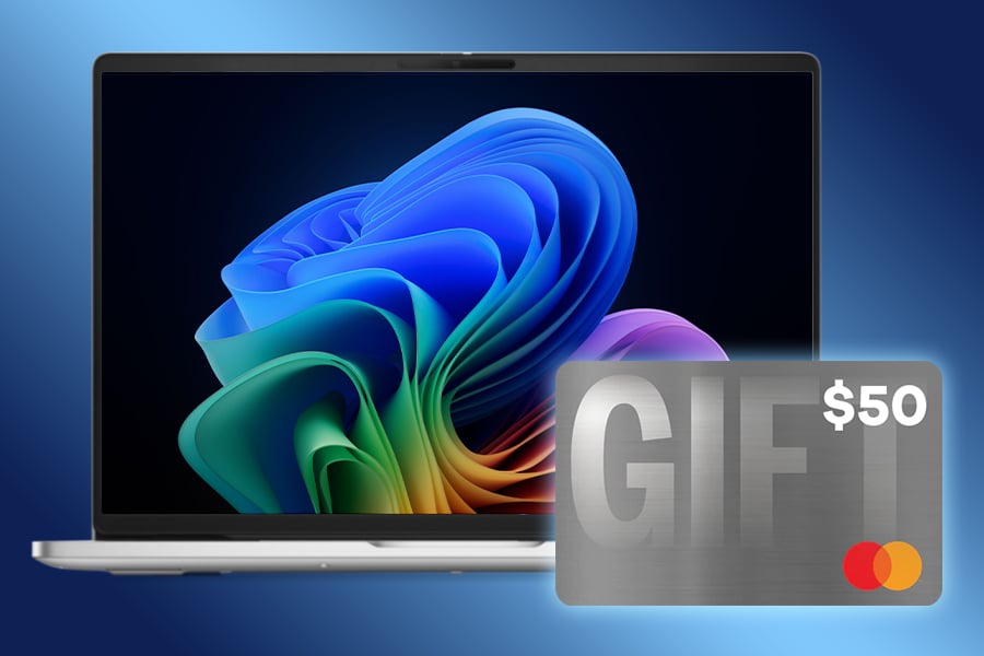 Dell laptop on a gradient blue background, with a $50 MasterCard gift card.