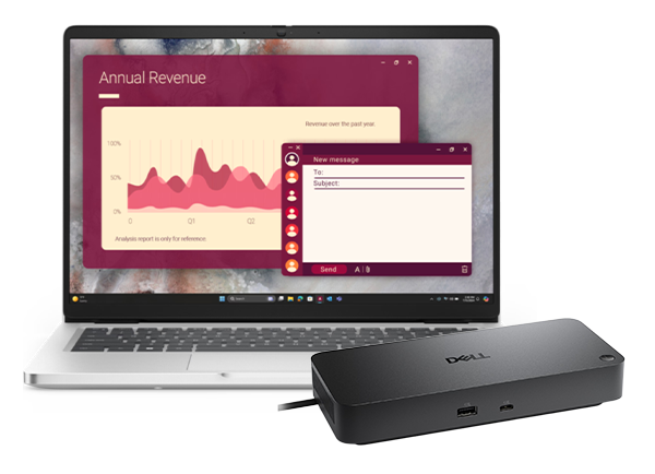 Laptop displaying software dashboards and an AI assistant interface, shown with a Dell docking station.