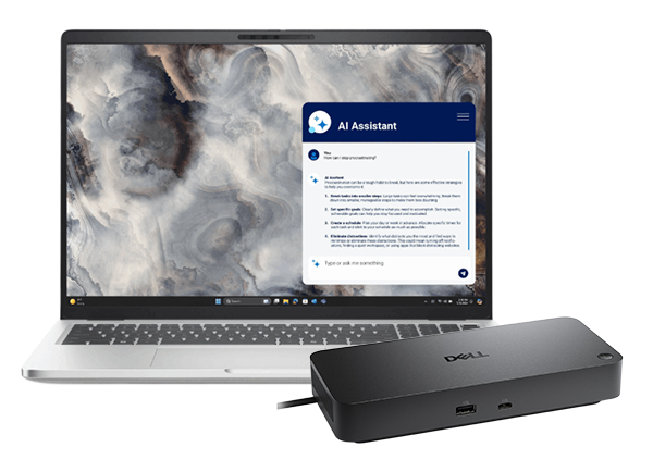 Laptop displaying software dashboards and an AI assistant interface, shown with a Dell docking station.