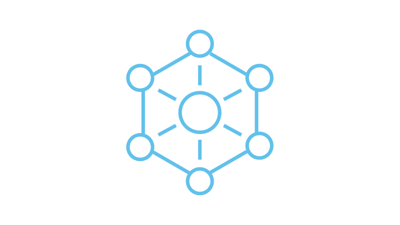 Icon showing a connected network with a central hub linked to multiple surrounding nodes.