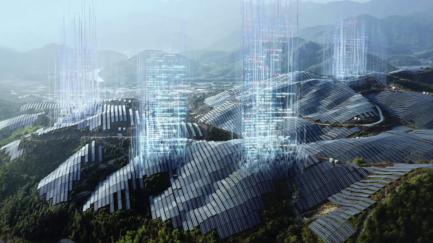 Aerial view of a large solar farm across hills with digital data overlays representing edge or smart technology.